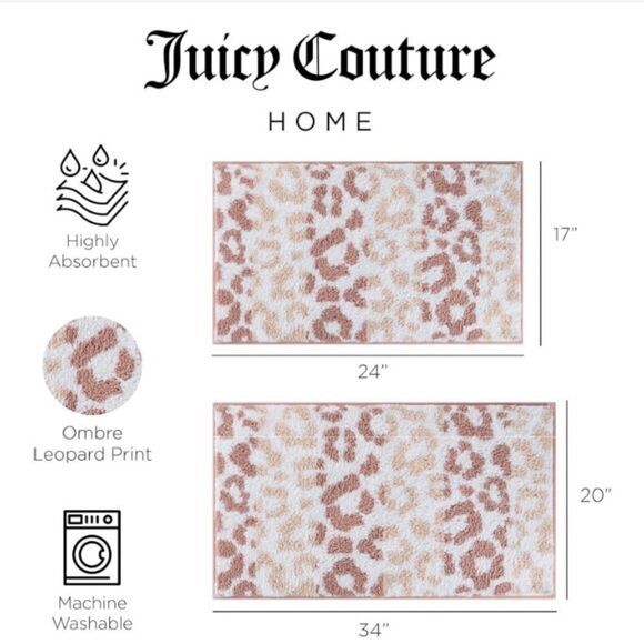 Juicy Couture Set of 2 Pink Ombre Leopard Print Absorbent Quick Dry Bath Mats - Picture 6 of 15